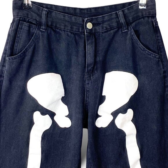 Skeleton Baggy Jeans Sz L 30x Black Denim Wide Leg Pants Goth Halloween Bones - Picture 4 of 13
